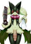  2023 absurd_res anthro big_dildo big_penis blush censored dildo fur generation_9_pokemon genitals girly green_body green_fur hi_res looking_at_viewer male meowscarada nintendo nohtuy18 penis pokemon pokemon_(species) red_eyes sex_toy solo 