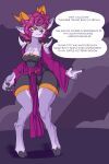  absa absurd_res anthro bovid breasts caprine clothing female fur goat hair hi_res hooves horn mammal purple_body purple_fur purple_hair rivals_of_aether smile solo text thick_thighs yangrel 