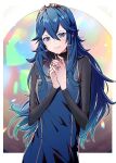  1girl ameno_(a_meno0) bad_anatomy blue_eyes blue_hair blush closed_mouth fire_emblem fire_emblem_awakening hair_between_eyes jewelry lips long_hair long_sleeves lucina_(fire_emblem) own_hands_together pink_lips ribbed_sweater ring smile solo sweater tiara turtleneck turtleneck_sweater 