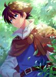  1boy bartz_klauser belt belt_buckle blue_eyes blue_tunic brown_belt brown_hair buckle cape closed_mouth collared_shirt commentary_request dappled_sunlight final_fantasy final_fantasy_v hair_between_eyes hand_on_own_hip leaf long_sleeves looking_to_the_side male_focus outdoors plant popped_collar red_cape sanroku_3 shirt short_hair solo sunlight twitter_username upper_body white_shirt 