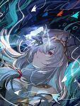  1girl abstract_background angelfish arknights bare_shoulders blue_background collar commentary dress fish grey_hair hair_over_one_eye highres leaning_back light_frown long_hair phoenix_crown red_eyes sidelocks skadi_(arknights) skadi_the_corrupting_heart_(arknights) skadi_the_corrupting_heart_(sublimation)_(arknights) solo tropical_fish upper_body waves weeiskaw white_dress white_headwear 