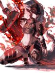  1girl absurdres armor armpits bare_shoulders black_nails breasts chainmail commentary_request covered_eyes ekrea_jan elden_ring fire genderswap genderswap_(mtf) grey_hair helmet helmet_over_eyes highres huge_weapon long_hair magic maliketh_the_black_blade midriff miniskirt navel personification pleated_skirt shadow skirt small_breasts solo squatting sword tail tiptoes very_long_hair weapon white_background wide_hips 