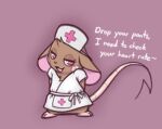  brown_body brown_fur clothed clothing dialogue english_text female fur mammal milachu milachu92 mouse murid murine nurse rodent semi-anthro simple_background text 