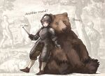  animal armor bear blue_eyes breastplate dagger english_text full_armor gauntlets helm helmet highres ironlily knife leaning_on_animal original pauldrons plate_armor polearm shoulder_armor soldier tree weapon 