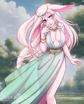 abluedeer anthro blue_eyes breasts cleavage clothed clothing dress female forest fur hair hi_res jewelry lagomorph leporid long_hair mammal necklace outside pink_body pink_fur pink_hair plant rabbit solo tree 