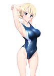  1girl absurdres arms_behind_head black_one-piece_swimsuit blonde_hair blue_eyes braid breasts commentary_request competition_swimsuit covered_navel cowboy_shot darjeeling_(girls_und_panzer) girls_und_panzer highres medium_breasts multicolored_clothes multicolored_swimsuit one-piece_swimsuit short_hair simple_background solo swimsuit takafumi twin_braids white_background 