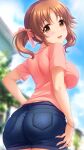  1girl :d arm_at_side ass blue_shorts blurry blurry_background blush breasts brown_eyes brown_hair cloud cowboy_shot day denim denim_shorts from_behind from_below hair_ribbon hand_on_own_hip highres idolmaster idolmaster_cinderella_girls impossible_clothes irori_(irorixc) jewelry large_breasts looking_at_viewer looking_back medium_hair necklace open_mouth outdoors pink_ribbon pink_shirt pocket ribbon shirt short_sleeves short_twintails shorts sky smile solo standing t-shirt totoki_airi twintails wristband 