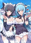  1girl 2girls absurdres alternate_costume animal_ears apron azur_lane black_dress black_hair blue_eyes blue_hair blue_sky blush breast_press breasts cheshire_(azur_lane) cleavage closed_mouth cocktail_glass cup day detached_collar dress drinking_glass eggman_(pixiv28975023) enmaided fake_animal_ears garter_straps highres holding holding_tray horns large_breasts long_sleeves looking_at_viewer maid maid_apron maid_headdress multicolored_hair multiple_girls neptune_(granblue_fantasy) one_eye_closed outdoors sky standing streaked_hair symmetrical_docking thighhighs tongue tongue_out tray v water_drop white_thighhighs 
