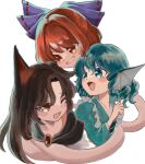  3girls ;d animal_ears black_hair blue_bow blue_eyes blue_hair bow brown_eyes commentary_request drill_hair drill_sidelocks fang fins grass_root_youkai_network hair_bow hair_intakes head_fins highres imaizumi_kagerou long_hair multiple_girls one_eye_closed open_mouth red_eyes red_hair sekibanki short_hair sidelocks skin_fang smile touhou umebitan wakasagihime wolf_ears wolf_girl 