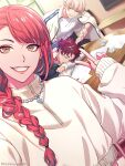  1other 2boys anne_faulkner bae_(paradox_live) highres long_hair long_sleeves looking_at_viewer multiple_boys official_alternate_costume official_art paradox_live pink_hair red_hair red_lips red_nails sugasano_allen v yellow_eyes yeon_hajun 