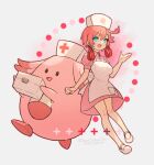  1girl ahoge aqua_eyes chansey clover clover_print cosplay cross dress elphelt_valentine four-leaf_clover full_body guilty_gear guilty_gear_xrd hat joy_(pokemon) joy_(pokemon)_(cosplay) looking_at_viewer nurse nurse_cap open_mouth pink_dress pink_hair pokemon pokemon_(anime) pokemon_(classic_anime) puffy_short_sleeves puffy_sleeves red_cross short_hair short_sleeves standing white_headwear youmicitrustea 