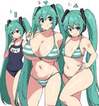  3girls absurdres bikini_pull blue_one-piece_swimsuit breasts cleavage closed_mouth clothes_pull flat_chest green_eyes green_hair hair_ornament hatsune_miku highres huge_breasts long_hair looking_at_viewer multiple_girls number_tattoo one-piece_swimsuit open_mouth pulled_by_self school_swimsuit simple_background small_breasts smile standing swimsuit tattoo tenten_(chan4545) twintails very_long_hair vocaloid white_background 