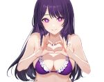  1girl absurdres bare_arms bare_shoulders breasts commentary_request grin heart heart_hands highres hoshino_ai_(oshi_no_ko) i_am_love large_breasts long_hair looking_at_viewer oshi_no_ko purple_eyes purple_hair simple_background smile solo stomach upper_body very_long_hair white_background 