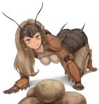  1girl :q all_fours antennae arthropod_girl brown_eyes brown_hair bug carapace cricket_girl extra_eyes full_body hair_over_shoulder heart heart-shaped_pupils highres iskanderednaksi looking_at_food mandibles monster_girl original potato simple_background smile solo symbol-shaped_pupils tongue tongue_out white_background 