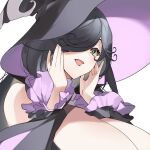  1girl aku_no_onna_kanbu:_perigee_new_moon arrow_(tamawo222) bare_shoulders black_dress black_hair black_headwear breasts dress frilled_sleeves frills hair_over_one_eye hat large_breasts long_hair official_art open_mouth solo upper_body witch_hat yellow_eyes 