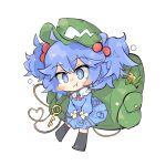  1girl backpack bag black_thighhighs blue_dress blue_eyes blue_hair blush breasts chibi crossed_bangs dress full_body green_bag green_headwear hair_bobbles hair_flaps hair_ornament hat jewelry kawashiro_nitori key_necklace large_bag long_sleeves looking_at_viewer medium_breasts necklace pleated_dress pocket pout primsla puffy_long_sleeves puffy_sleeves short_hair sidelocks simple_background sleeve_cuffs solo thighhighs touhou two_side_up white_background 