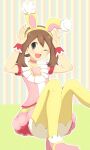  1girl ;d absurdres animal_ears arms_up brown_hair choker commentary_request eyelashes fake_animal_ears grey_eyes hairband highres koroni_(nkrgs) may_(pokemon) may_(spring_2021)_(pokemon) medium_hair official_alternate_costume one_eye_closed open_mouth pantyhose pink_choker pink_footwear pink_shirt pink_skirt pokemon pokemon_(game) pokemon_masters_ex rabbit_pose shirt shoes short_sleeves shorts shorts_under_skirt skirt smile solo white_shorts wrist_cuffs yellow_hairband yellow_pantyhose 
