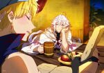  2boys ahoge beer_mug blonde_hair blush claw_ring closed_eyes closed_mouth cup earrings fate/grand_order fate_(series) gilgamesh_(caster)_(fate) gilgamesh_(fate) head_rest heeparang jewelry long_sleeves looking_at_another male_focus merlin_(fate) mug multiple_boys night purple_eyes robe table white_hair white_robe 