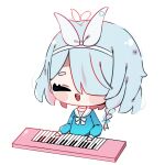  1girl :d ^_^ arona_(blue_archive) blue_archive blue_hair blue_shirt blush bow braid choker closed_eyes commission english_commentary grey_hairband grey_ribbon hair_over_one_eye hair_ribbon hairband heart instrument keyboard_(instrument) multicolored_hair music one_eye_covered open_mouth pink_choker pink_hair playing_instrument ribbon ryuqomint second-party_source shirt short_hair simple_background smile solo streaked_hair upper_body white_background white_bow 