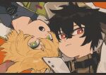  2boys :o animal_ears arknights ayerscarpe_(arknights) black_hair black_necktie blonde_hair blue_shirt bright_pupils coat commentary frown green_eyes high_collar highres leonhardt_(arknights) letterboxed looking_at_viewer multiple_boys necktie open_mouth orange_background rabbit_boy rabbit_ears red_eyes remu_(kudarizaka_25) shirt simple_background teeth upper_teeth_only upside-down white_coat white_pupils 