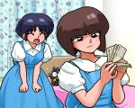  2girls :o angry bandana banknote bed bedroom blouse blue_dress blue_hair blunt_bangs blunt_ends brown_eyes brown_hair clenched_hands closed_eyes closed_mouth commentary counting counting_money curtains dress facing_another feet_out_of_frame flying_sweatdrops front-to-back furrowed_brow fuurinkan_high_school_uniform hair_bobbles hair_ornament headboard holding holding_money leaning_forward light_blush light_smile lips looking_at_object money multiple_girls nervous on_bed own_hands_together p-chan pig pinafore_dress puffy_short_sleeves puffy_sleeves raised_eyebrows ranma_1/2 school_uniform shirt short_hair short_sleeves shouting siblings sisters sleeveless sleeveless_dress smug teeth tendou_akane tendou_nabiki upper_teeth_only v_arms w_arms wanta_(futoshi) white_footwear yellow_bandana 