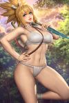  1girl armpits bare_arms blonde_hair breasts cowboy_shot crop_top dr._stone english_commentary forest fundoshi green_eyes grey_choker grey_tank_top hand_on_own_hip holding holding_knife japanese_clothes knife kohaku_(dr._stone) leg_up lips medium_breasts mixed-language_commentary nature navel neoartcore outdoors paid_reward_available parted_lips pink_nails ponytail short_hair solo tank_top thai_commentary 