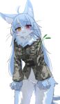  2023 ahoge anthro bifurcated_tail blue_body blue_fur blue_hair blush bottomless bottomless_anthro bottomless_female breasts camo camo_clothing camo_print clothed clothing crossgender cute_fangs digital_media_(artwork) domestic_cat felid feline felis female female_anthro fur hair heterochromia hi_res japan_air_self-defense_force kemono long_hair looking_at_viewer male_(lore) mammal marimo0084570 mtf_crossgender omaneko_(jasdf) pattern_clothing portrait red_eyes solo three-quarter_portrait whiskers white_body white_fur yellow_eyes 