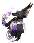 black_jacket bug butterfly character_request collared_jacket copyright_request ddyun_923 furry furry_male highres jacket personification purple_butterfly shirt signature simple_background upper_body usekh_collar white_background white_shirt wolf 