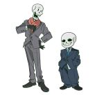  2boys black_footwear black_gloves blue_necktie brothers commentary cosplay english_commentary full_body gloves grey_pants grey_suit hands_in_pockets male_focus mob_psycho_100 multiple_boys necktie nicuoi open_mouth pants papyrus_(undertale) reigen_arataka reigen_arataka_(cosplay) sans serizawa_katsuya serizawa_katsuya_(cosplay) shoes siblings simple_background skeleton smile standing suit undertale white_background 