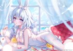  1girl absurdres amaki_ruto animal_ears azur_lane bare_shoulders blue_eyes chestnut_mouth choker clothing_cutout curtains fake_animal_ears food highres holding holding_food holding_ice_cream ice_cream indoors le_malin_(azur_lane) le_malin_(listless_lapin)_(azur_lane) leotard long_hair looking_at_viewer lying manjuu_(azur_lane) official_art on_bed on_side pantyhose parted_lips pillow rabbit_ears solo sparkling_eyes white_choker white_hair white_leotard white_pantyhose 