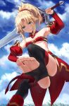  1girl armpits bandeau bare_shoulders black_thighhighs blonde_hair blue_sky braid breasts clarent_(fate) closed_mouth detached_collar detached_sleeves fate/apocrypha fate/grand_order fate_(series) feet foot_focus foot_out_of_frame french_braid green_eyes highres holding holding_sword holding_weapon long_hair looking_at_viewer mordred_(fate) mordred_(fate/apocrypha) no_shoes parted_bangs ponytail shoes sidelocks single_shoe single_thighhigh sky small_breasts soles solo stirrup_legwear sword thighhighs toeless_legwear toenails toes tonee variant_set weapon 