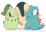  blush chikorita closed_eyes cyndaquil heart kiirono no_humans notice one_eye_closed open_mouth pokemon pokemon_(creature) red_eyes sharp_teeth signature simple_background starter_pokemon_trio teeth totodile white_background 