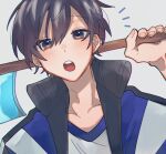  1boy 90_(ku_wo1027) :o behind_back black_hair black_jacket blue_eyes blue_jacket blue_shirt collarbone collared_jacket commentary double-parted_bangs fingernails gradient_hair hair_between_eyes hoe holding_hoe jacket kintoki_(white_tails) light_blush long_bangs long_neck looking_at_viewer male_focus minecraft multicolored_clothes multicolored_eyes multicolored_hair multicolored_jacket notice_lines open_clothes open_jacket open_mouth pink_nails shirt short_hair simple_background solo t-shirt teeth two-tone_shirt upper_body upper_teeth_only virtual_youtuber white_jacket white_shirt white_tails yellow_eyes 