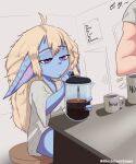  absurd_res ahoge beverage big_ears blonde_hair blue_body blue_fur breasts clothing coffee colored_nails container cup delicioussoup duo ears_down eyelashes female fur grey_clothing grey_nails grey_shirt grey_topwear hair hi_res human humanoid humanoid_pointy_ears league_of_legends long_hair male mammal musical_note nails pivoted_ears poppy_(lol) purple_eyes riot_games shirt sitting text topwear yordle 