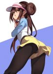  1girl blue_background brown_hair commentary double_bun doughnut_hair_bun fu-ta green_eyes hair_between_eyes hair_bun highres holding holding_poke_ball long_hair long_sleeves looking_at_viewer panties panties_under_pantyhose pantyhose poke_ball pokemon pokemon_(game) pokemon_bw2 raglan_sleeves rosa_(pokemon) shorts solo standing twintails two-tone_background underwear visor_cap white_background yellow_shorts 