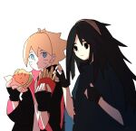  1boy 1girl black_eyes black_gloves black_hair black_jacket black_robe blonde_hair blue_eyes boruto:_naruto_next_generations burger eating facial_mark fast_food fingerless_gloves food french_fries gloves hairband highres holding holding_food jacket long_hair losia multicolored_clothes multicolored_jacket naruto_(series) pink_jacket robe shirt two-tone_jacket uchiha_nanashi uzumaki_boruto whisker_markings white_shirt 