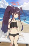  1girl absurdres alternate_costume alternate_hairstyle bare_arms bare_legs beach bikini blue_archive dyumidyumi05210521 frilled_bikini_top fuuka_(blue_archive) halo highres horns long_hair looking_at_viewer parted_lips ponytail purple_hair red_eyes sky solo swimsuit very_long_hair water 