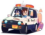  2girls bacun black_hair blue_eyes brown_hair car chibi driving dust_cloud flashing_light ground_vehicle highres honda honda_today kobayakawa_miyuki long_hair medium_hair motor_vehicle multiple_girls police police_car police_uniform policewoman smile taiho_shichauzo transparent_background tsujimoto_natsumi uniform vehicle_focus 