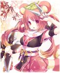  1girl :d animal_ears anju_(mabinogi) arm_ribbon armband between_fingers black_armband black_kimono black_ribbon blush breasts floral_print glint hair_rings hand_up holding japanese_clothes kimono kunai leaf leaf_on_head mabinogi medium_breasts ninja obi open_mouth pink_hair pink_shorts print_obi print_sash print_scarf print_shorts raccoon_ears raccoon_girl raccoon_tail red_eyes ribbon sash scarf shorts shuriken sisco smile solo sparkle standing striped_tail tail twintails weapon white_sash white_scarf 