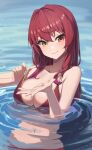 1girl bikini breasts closed_mouth gold_trim hair_down heterochromia highres hololive houshou_marine houshou_marine_(summer) large_breasts long_hair looking_at_viewer navel open_hand partially_submerged pulled_by_self red_bikini red_eyes red_hair reulem smile solo strap_pull swimsuit upper_body very_long_hair virtual_youtuber water wet yellow_eyes 