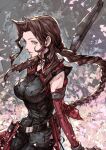  1girl aerith_gainsborough belt braid braided_ponytail breasts brown_hair detached_sleeves final_fantasy final_fantasy_vii final_fantasy_vii_ever_crisis green_eyes highres kazama_raita looking_at_viewer loose_belt official_alternate_costume pendant_choker solo zipper zipper_pull_tab 