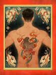  1boy absurdres arms_at_sides back back_focus bara black_hair chinese_zodiac flame_tattoo highres male_focus muscular muscular_male nude original rabbit_tattoo short_hair skull_tattoo solo upper_body year_of_the_rabbit yun_shen 