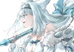  1girl animal_ears blue_eyes breasts cleavage dobrynya_nikitich_(fate) fate/grand_order fate_(series) fingernails highres kino_kokko large_breasts long_hair low-tied_long_hair metal_hairband motion_blur over_shoulder tail weapon weapon_over_shoulder white_background white_hair 