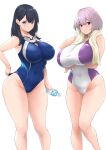  2girls bare_shoulders black_hair blue_eyes blue_one-piece_swimsuit blush breasts collarbone covered_navel goggles goggles_around_neck gridman_universe highleg highleg_swimsuit highres huge_breasts kemigawa_mondo large_breasts light_purple_hair long_hair looking_at_viewer medium_breasts multiple_girls one-piece_swimsuit purple_one-piece_swimsuit red_eyes shinjou_akane short_hair ssss.gridman swimsuit takarada_rikka thick_thighs thighs towel two-tone_swimsuit white_background white_one-piece_swimsuit 