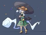  black_footwear blue_background blunt_bangs bright_pupils closed_mouth commentary flower frilled_skirt frilled_vest frills full_body green_skirt grey_background grey_umbrella hat hat_flower high_heels highres holding holding_umbrella konpaku_youmu konpaku_youmu_(ghost) light_frown looking_at_viewer primsla puffy_short_sleeves puffy_sleeves rice_hat sheath sheathed shirt short_sleeves simple_background skirt skirt_set standing sword symbol-only_commentary touhou umbrella vest weapon white_hair white_pupils white_shirt wrist_cuffs yellow_flower 