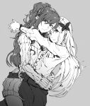  2girls ayutarochan bang_dream! black_skirt closed_mouth commentary cowboy_shot dutch_angle earrings grey_background greyscale hair_between_eyes highres hug imai_lisa jewelry long_hair long_sleeves looking_at_viewer minato_yukina monochrome multiple_girls parted_lips ponytail ribbed_sweater scrunchie sidelocks skirt sweater wrist_scrunchie yuri 