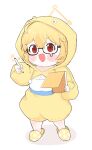  1girl :d ahoge alternate_costume blonde_hair blue_archive blush_stickers braid breasts chibi chick_costume cleavage commentary_request full_body glasses hair_between_eyes halo highres holding holding_notebook holding_pen kotori_(blue_archive) long_sleeves looking_at_viewer notebook pen puffy_cheeks red_eyes short_hair sidelocks simple_background single_braid slippers smile solo standing v-shaped_eyebrows white_background yosik 