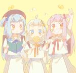  3girls a.i._voice ahoge arm_up backpack bag bandaid bandaid_on_cheek bandaid_on_face beret blue_bow blue_hair blue_ribbon blunt_bangs blush_stickers book bow braid brown_sailor_collar brown_skirt bug butterfly candy chipochopo324 commentary cosplay cowboy_shot eating food grey_hair grin hair_bow hair_ornament hairclip hat highres holding holding_book holding_candy holding_food holding_lollipop holding_strap kizuna_akari kizuna_akari_(tsubomi) kizuna_akari_(tsubomi)_(cosplay) kotonoha_akane kotonoha_aoi lollipop long_hair looking_at_another looking_at_viewer matching_outfits midriff_peek multicolored_eyes multiple_girls one_side_up open_book orange_eyes orange_ribbon pink_hair randoseru red_bow red_eyes red_headwear red_ribbon ribbon sailor_collar school_uniform shirt short_bangs short_sleeves side-by-side side_braid sidelocks skirt smile sparkle_hair_ornament swirl_lollipop thick_eyebrows two-tone_skirt v voiceroid white_shirt white_skirt yellow_background 