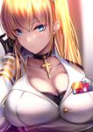  1girl adjusting_hair akeyama_kitsune arm_under_breasts azur_lane black_bra blonde_hair blue_eyes bra breasts choker cleavage close-up collarbone commentary_request cross cross_choker gloves half_gloves highres jacket large_breasts looking_at_viewer military_jacket north_carolina_(azur_lane) solo underwear white_jacket 