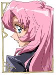 1girl blue_eyes from_behind highres long_hair looking_at_viewer looking_back parted_lips pink_hair profile shino_(2919) shoujo_kakumei_utena smile solo tenjou_utena upper_body white_background 